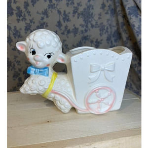 Vintage Rubens Japan Handpainted Sheep Lamb Wagon Planter with Hairline Crack